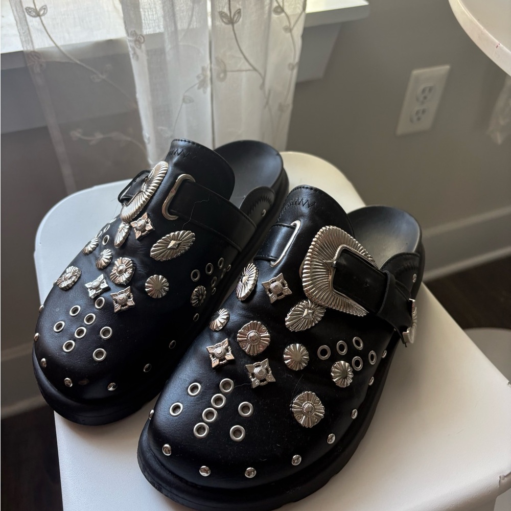 Black Studded Buckle Clog Shoes